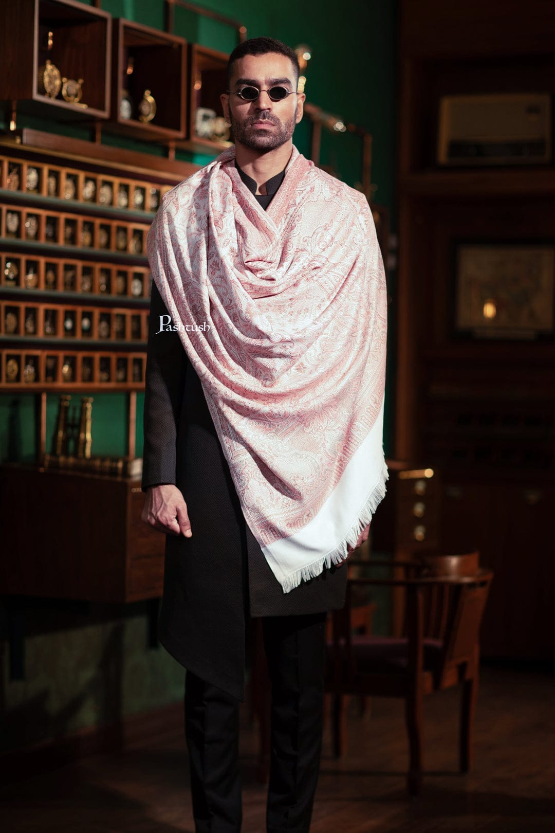 Pashtush India Gift Pack Pashtush His And Her Set Of Mens Jamawar Stole and Womens Extra Fine Wool Stole, Premium Gift Box Packaging, Ivory and Pink