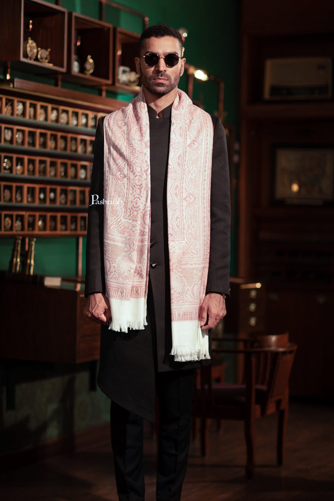 Pashtush India Gift Pack Pashtush His And Her Set Of Mens Jamawar Stole and Womens Extra Fine Wool Stole, Premium Gift Box Packaging, Ivory and Pink