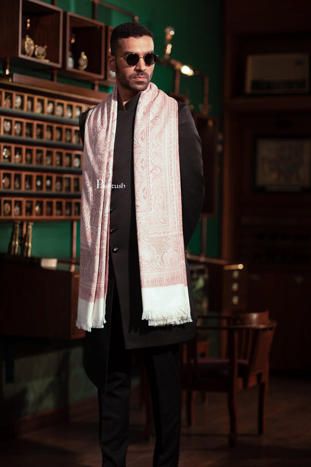 Pashtush India Gift Pack Pashtush His And Her Set Of Mens Jamawar Stole and Womens Extra Fine Wool Stole, Premium Gift Box Packaging, Ivory and Pink