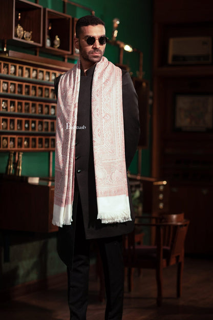 Pashtush India Gift Pack Pashtush His And Her Set Of Mens Jamawar Stole and Womens Extra Fine Wool Stole, Premium Gift Box Packaging, Ivory and Pink