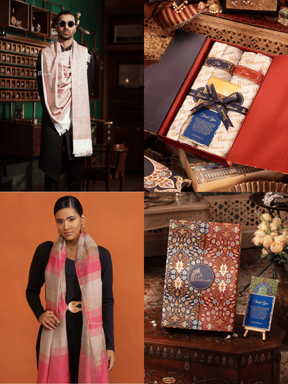 Pashtush India Gift Pack Pashtush His And Her Set Of Mens Jamawar Stole and Womens Extra Fine Wool Stole, Premium Gift Box Packaging, Ivory and Pink