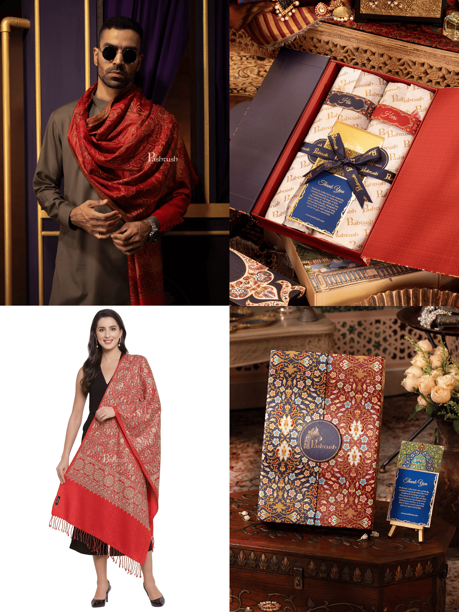 Pashtush India Gift Pack Pashtush His And Her Set Of Mens Jamawar Stole and Womens Fine Wool Stole, Premium Gift Box Packaging, Maroon and Red