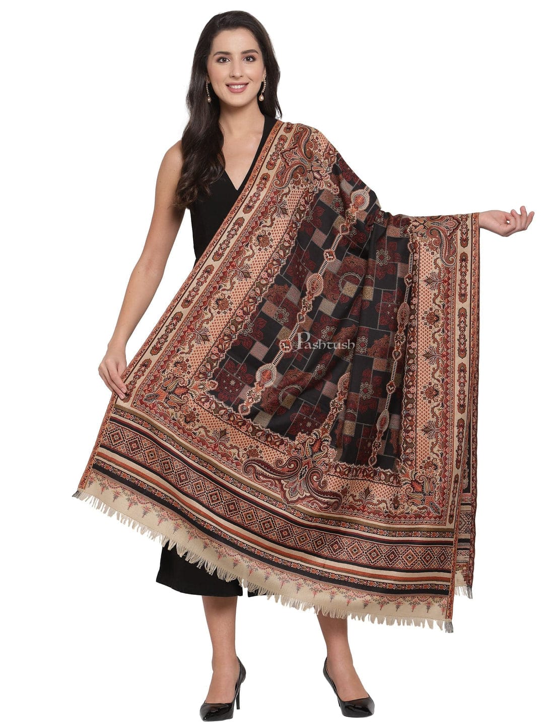 Pashtush India Gift Pack Pashtush His And Her Set Of Mens Jamawar Stole and Womens Shawl, Premium Gift Box Packaging, Maroon and Black