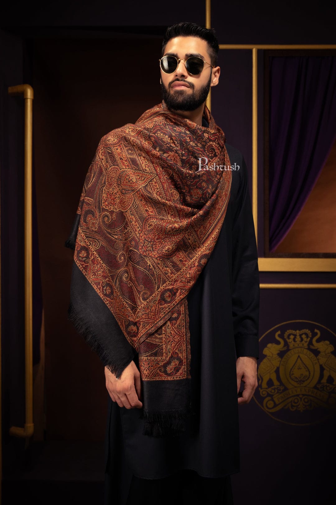 Pashtush India Gift Pack Pashtush His And Her Set Of Mens Jamawar Stole and Womens Twilight Shawl, Premium Gift Box Packaging, Black and Beige