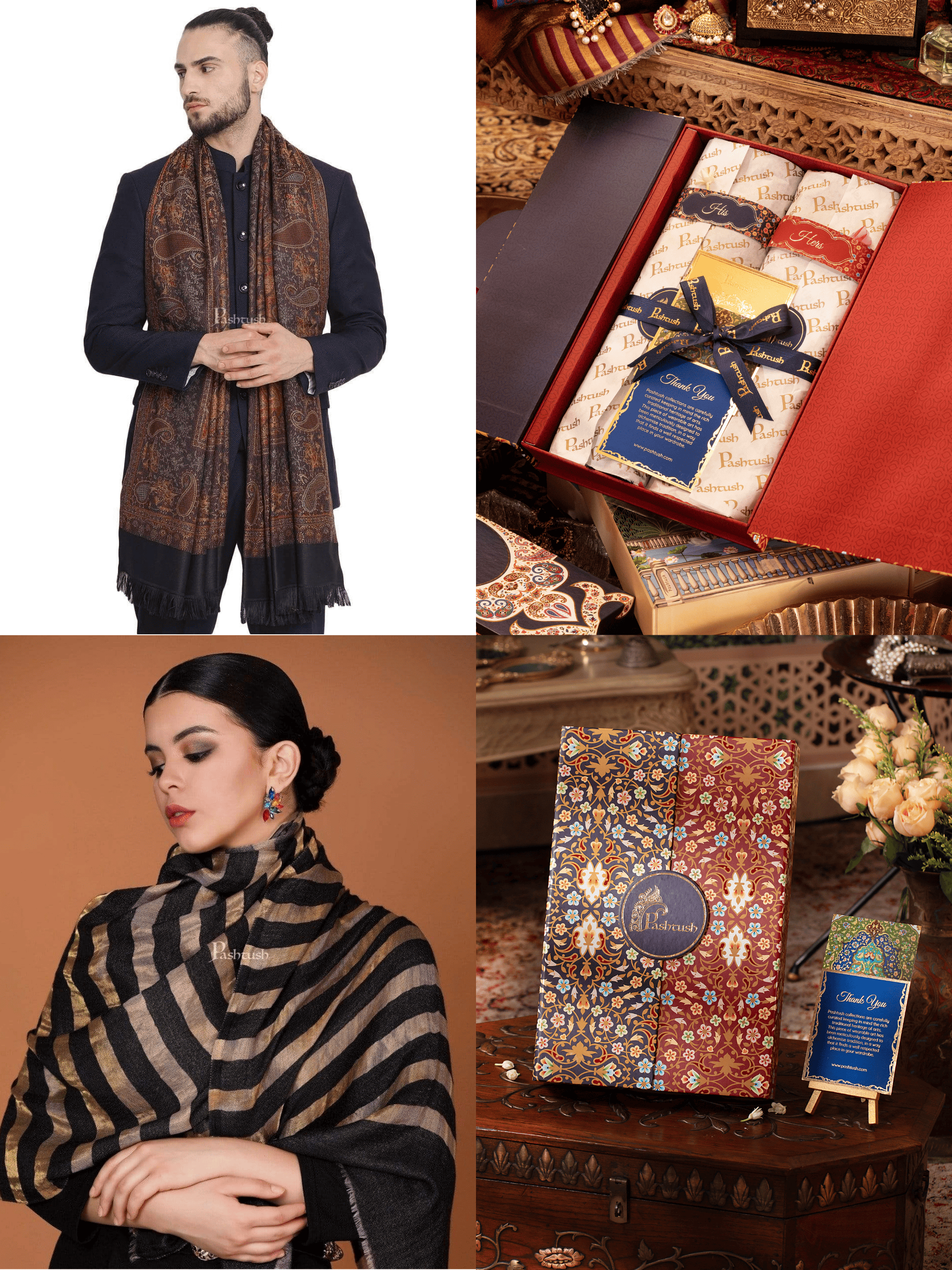 Pashtush India Gift Pack Pashtush His And Her Set Of Mens Jamawar Stole and Womens Twilight Stole, Premium Gift Box Packaging, Black