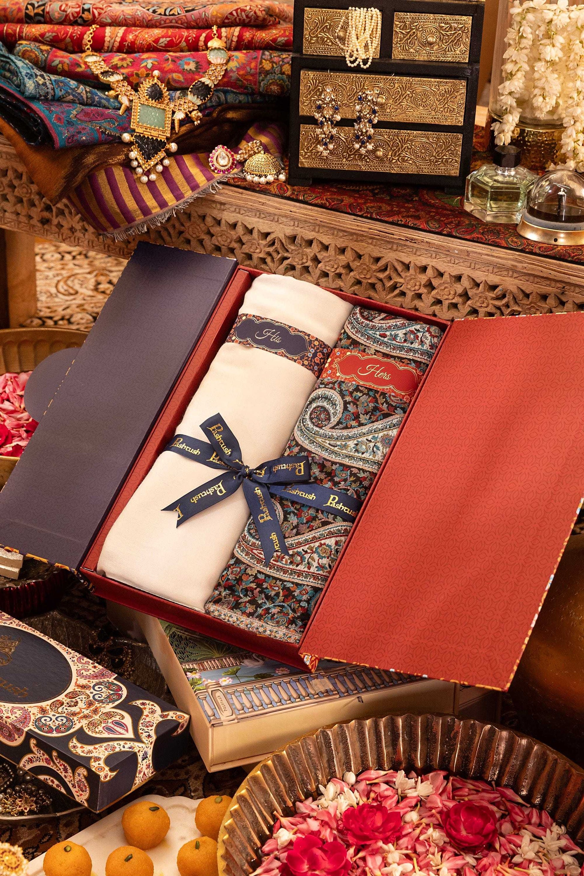 Pashtush India Gift Pack Pashtush His And Her Set Of Mens Ring Shawl and Womens Bamboo Stole, Premium Gift Box Packaging, White and Black