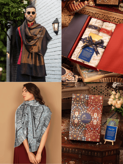 Pashtush India Gift Pack Pashtush His And Her Set Of Mens Twilight Stole and Womens Bamboo Stole, Premium Gift Box Packaging, Gold and Multicolour