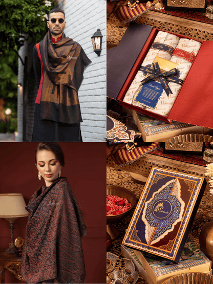 Pashtush India Gift Pack Pashtush His And Her Set Of Mens Twilight Stole and Womens Fine Wool Stole, Premium Gift Box Packaging, Gold and Black