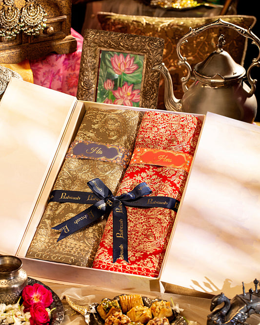 Pashtush India Gift Pack Pashtush His And Her Set Of Nalki Embroidery Stoles With Premium Gift Box Packaging, Beige and Red