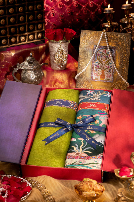 Pashtush India Gift Pack Pashtush His And Her Set Of Self and Bamboo Printed Stoles With Premium Gift Box Packaging, Emerald Green and Multi color