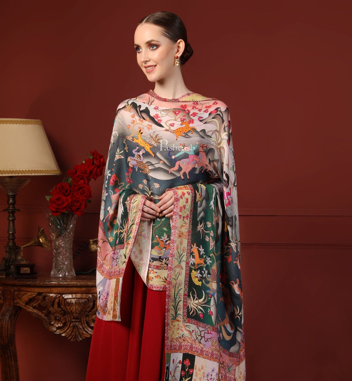 Pashtush India Gift Pack Pashtush His And Her Set Of Self and Bamboo Printed Stoles With Premium Gift Box Packaging, Emerald Green and Multi color