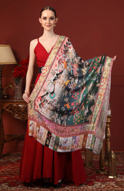 Pashtush India Gift Pack Pashtush His And Her Set Of Self and Bamboo Printed Stoles With Premium Gift Box Packaging, Emerald Green and Multi color