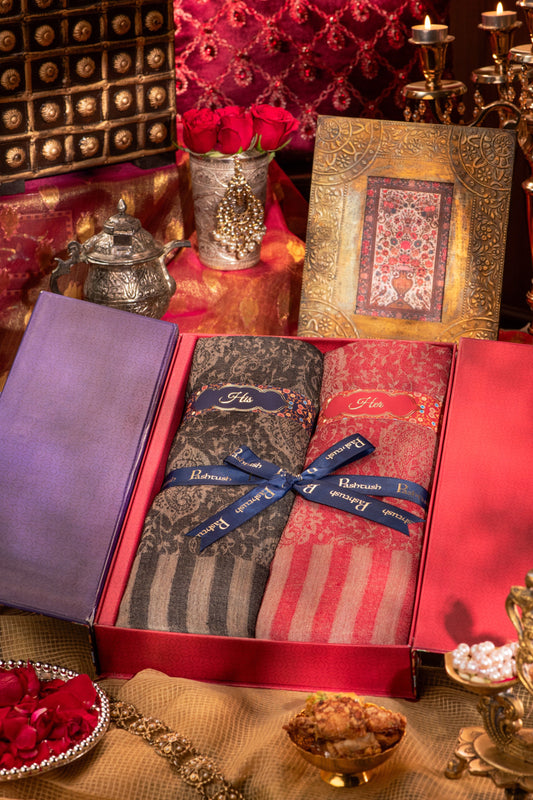 Pashtush India Gift Pack Pashtush His And Her Set Of Self Paisley Weave Stoles With Premium Gift Box Packaging, Black And Ruby