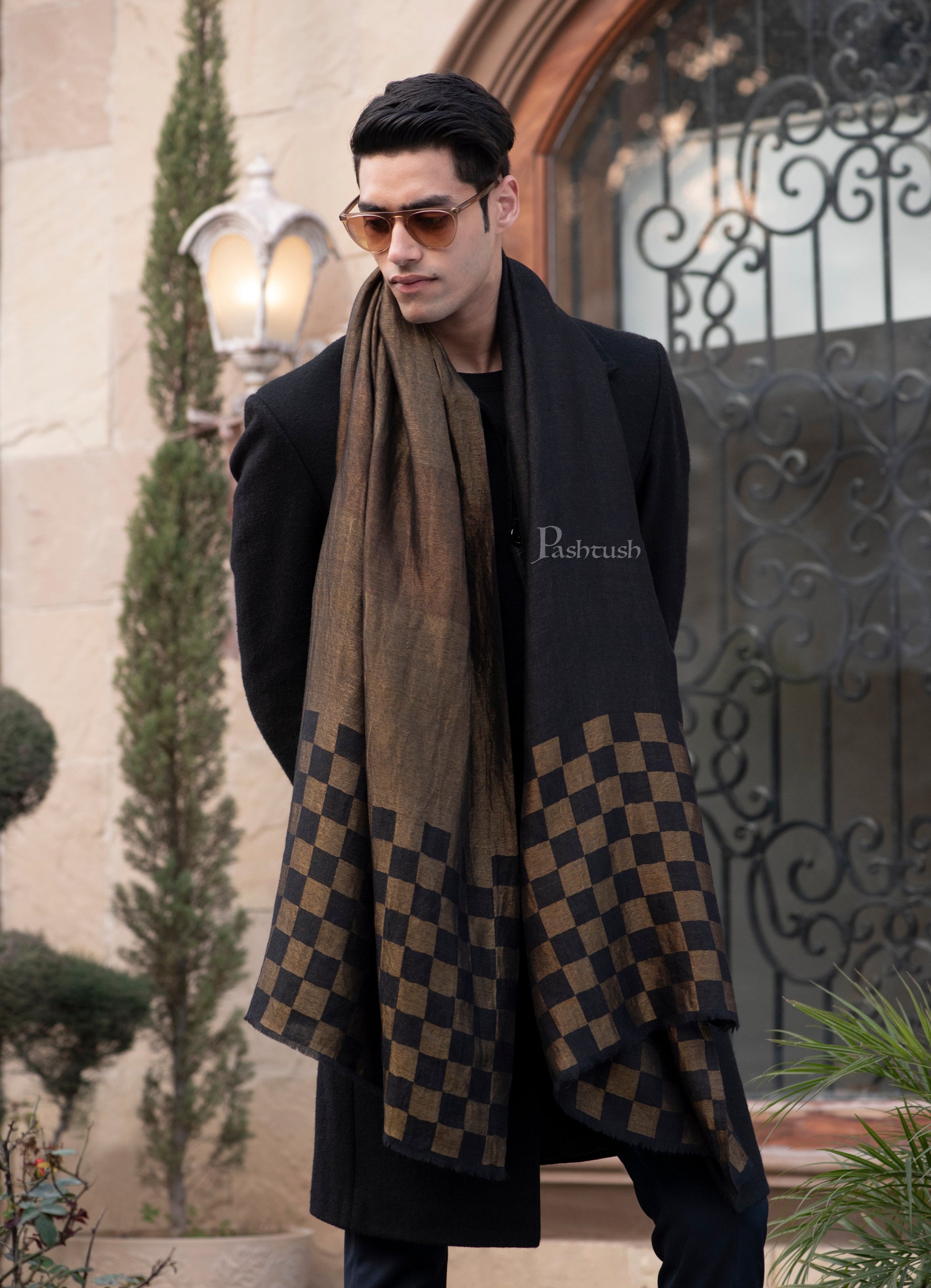 Pashtush India Gift Pack Pashtush His And Her Set Of Twilight Checkered Stole and Paisley Weave Shawl With Premium Gift Box Packaging, Black and Ivory