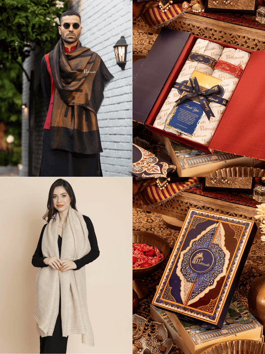 Pashtush India Gift Pack Pashtush His And Her Set Of Twilight Stole and Shawl, Premium Gift Box Packaging, Gold and Ivory