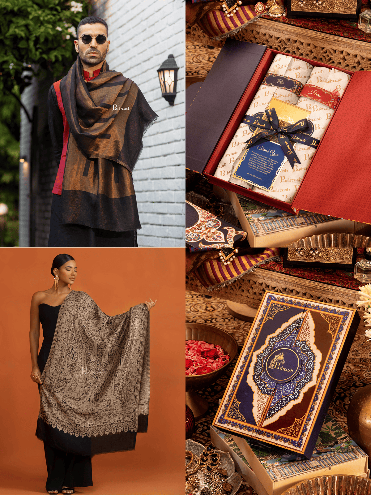 Pashtush India Gift Pack Pashtush His And Her Set Of Twilight Stoles, Premium Gift Box Packaging, Black and Gold