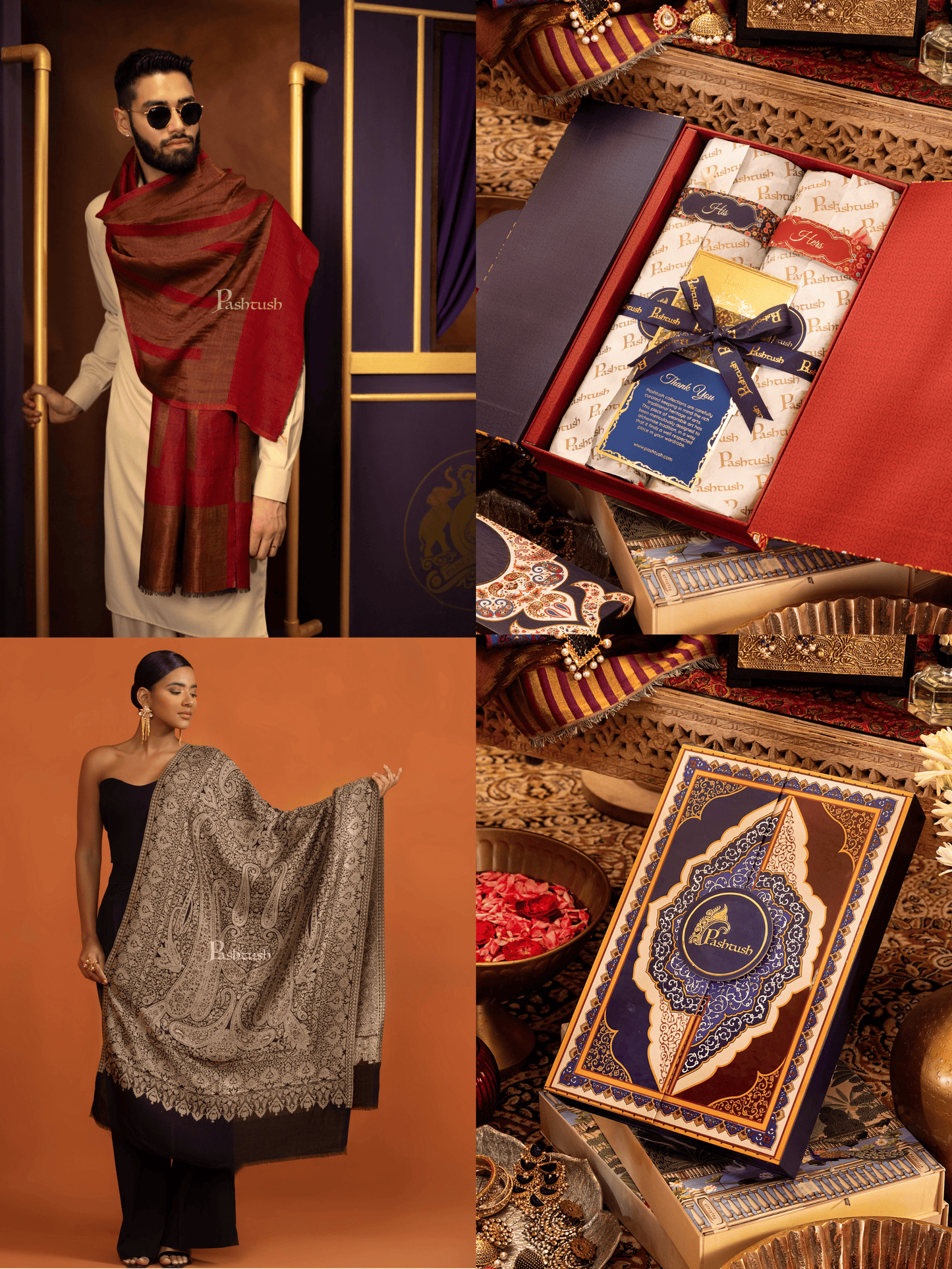Pashtush India Gift Pack Pashtush His And Her Set Of Twilight Stoles, Premium Gift Box Packaging, Maroon and Black