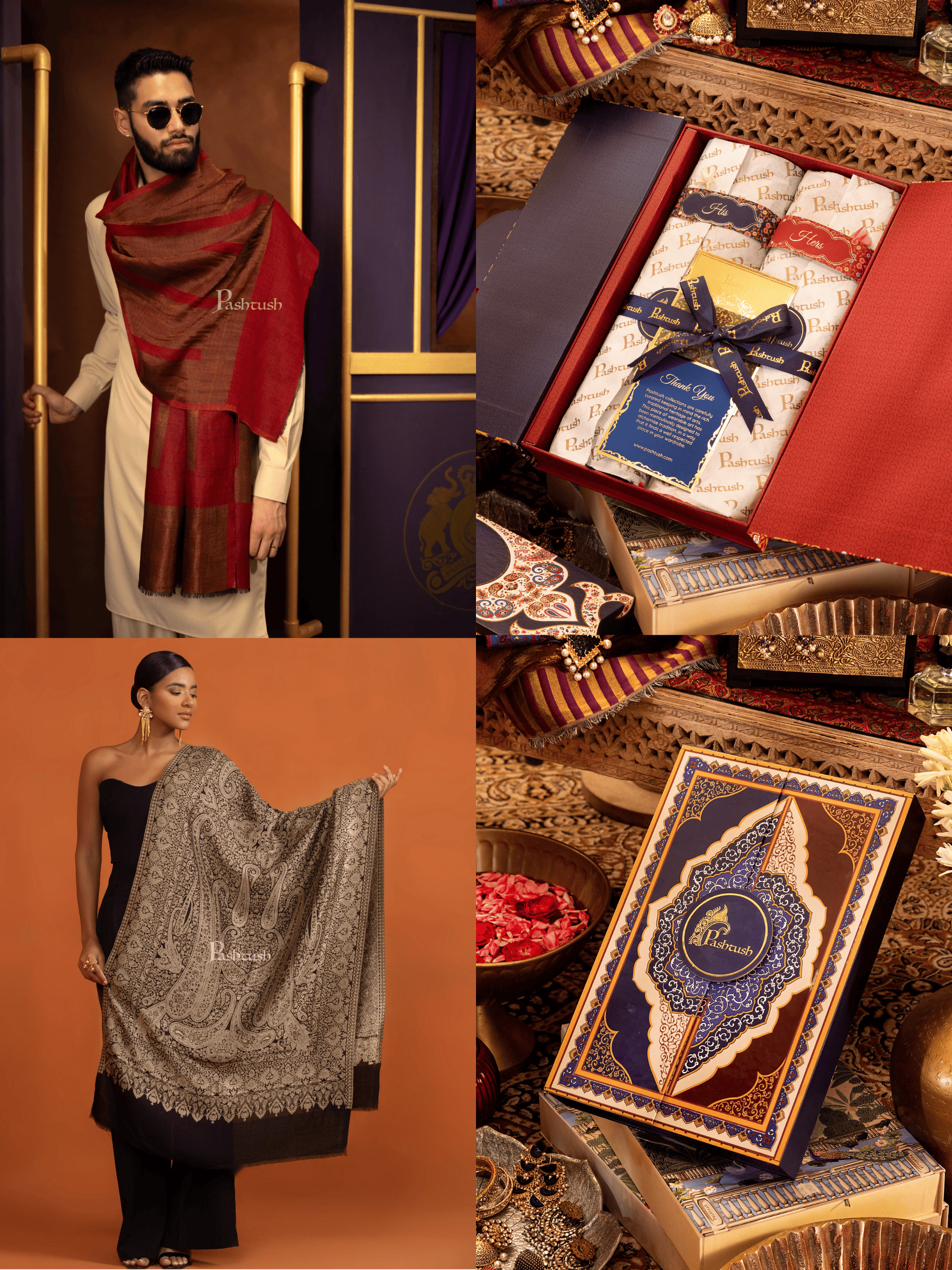 Pashtush India Gift Pack Pashtush His And Her Set Of Twilight Stoles, Premium Gift Box Packaging, Maroon and Black