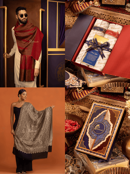 Pashtush India Gift Pack Pashtush His And Her Set Of Twilight Stoles, Premium Gift Box Packaging, Maroon and Black