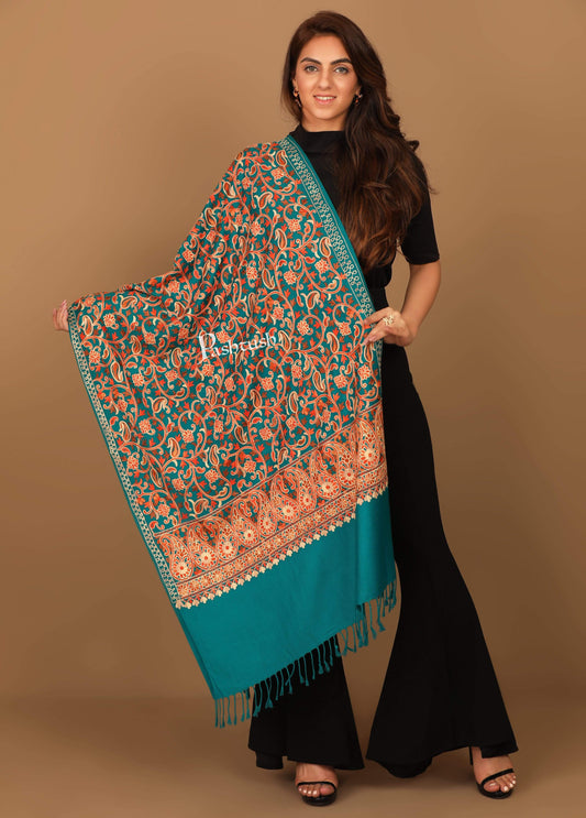 Pashtush India Stole Pashtush Kashmiri Aari Embroidery Stole, Fine Wool, Arabic Blue