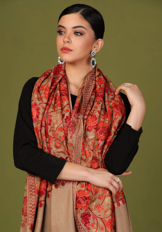 Pashtush India 70x200 Pashtush Kashmiri Aari Embroidery Stole, Fine Wool, Beige