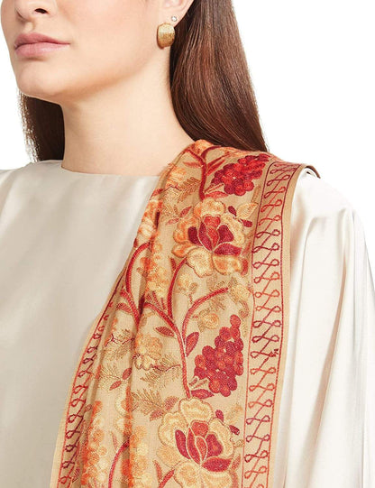 Pashtush India 70x200 Pashtush Kashmiri Aari Embroidery Stole, Fine Wool, Beige