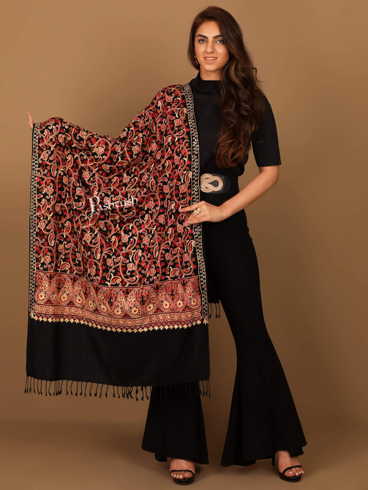 Pashtush India Stole Pashtush Kashmiri Aari Embroidery Stole, Fine Wool, Black