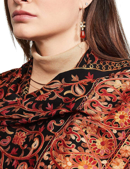 Pashtush India 70x200 Pashtush Kashmiri Aari Embroidery Stole, Fine Wool, Black