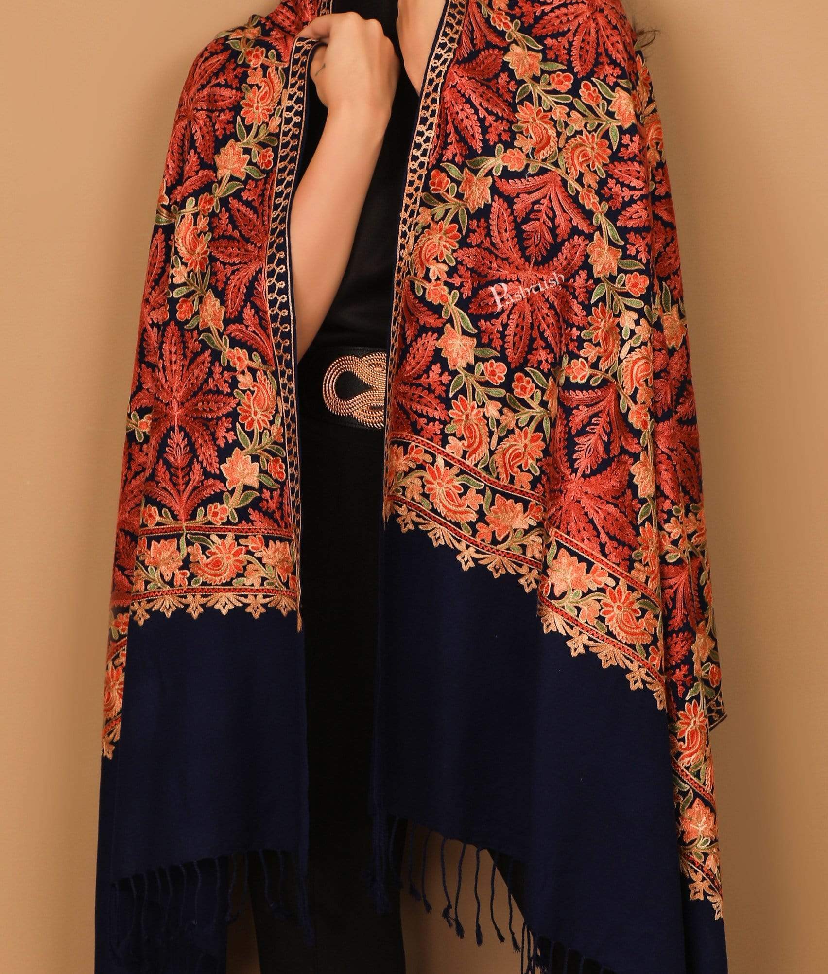 Pashtush India 70x200 Pashtush Kashmiri Aari Embroidery Stole, Fine Wool, Black