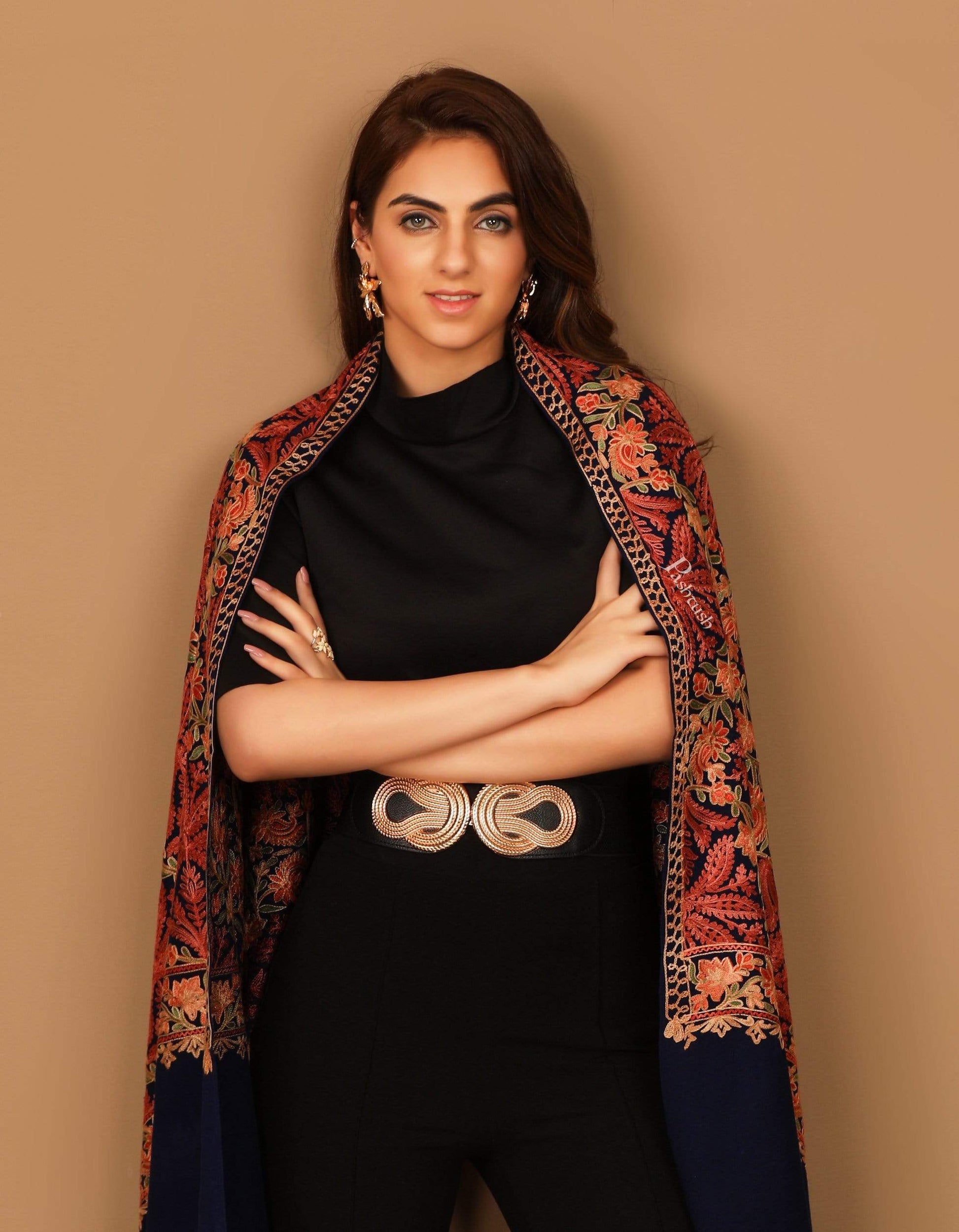 Pashtush India 70x200 Pashtush Kashmiri Aari Embroidery Stole, Fine Wool, Black