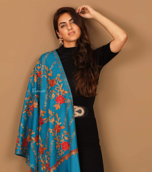 Pashtush India 70x200 Pashtush Kashmiri Aari Embroidery Stole, Fine Wool, Blue