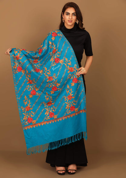Pashtush India 70x200 Pashtush Kashmiri Aari Embroidery Stole, Fine Wool, Blue