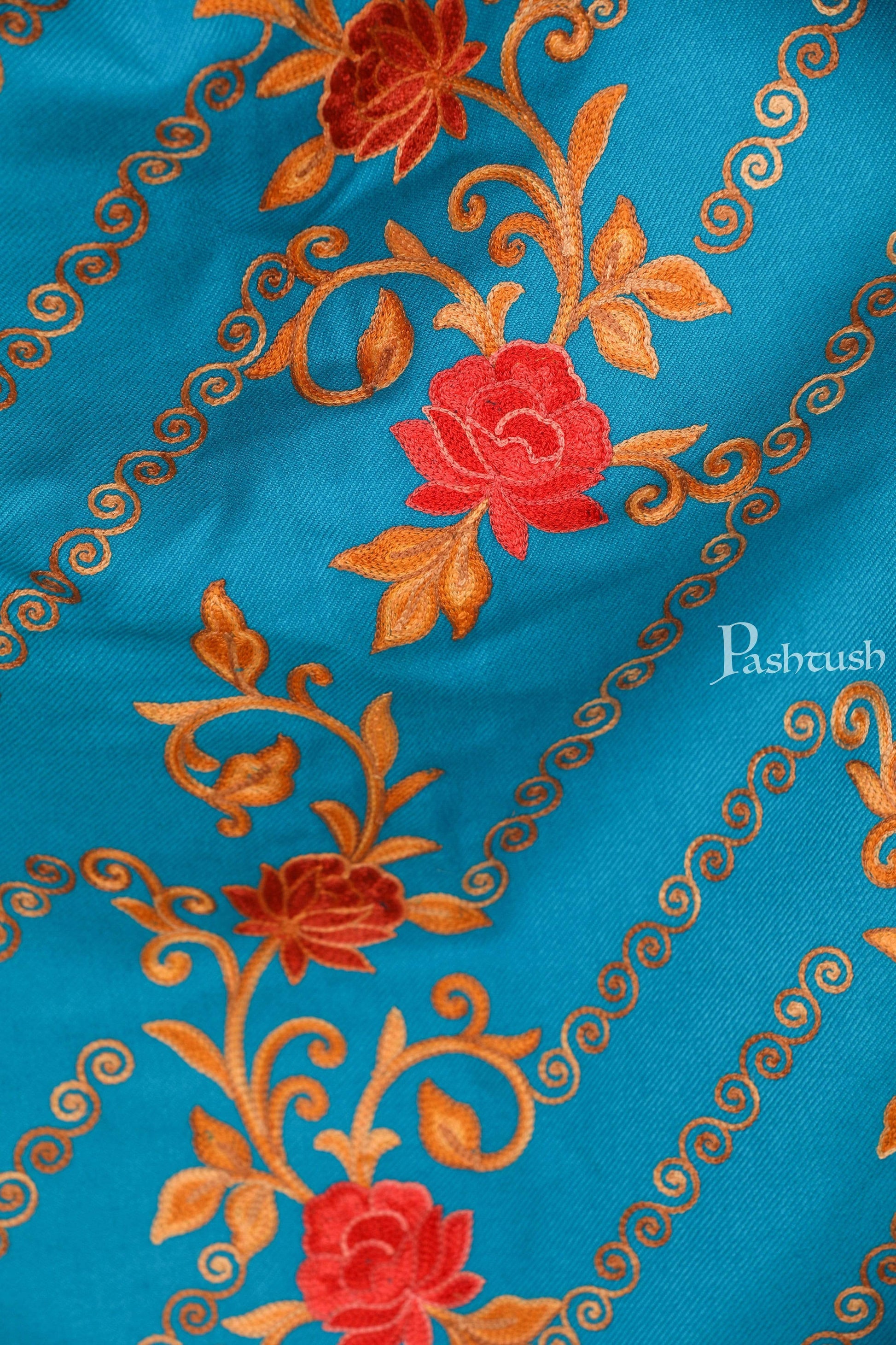 Pashtush India 70x200 Pashtush Kashmiri Aari Embroidery Stole, Fine Wool, Blue