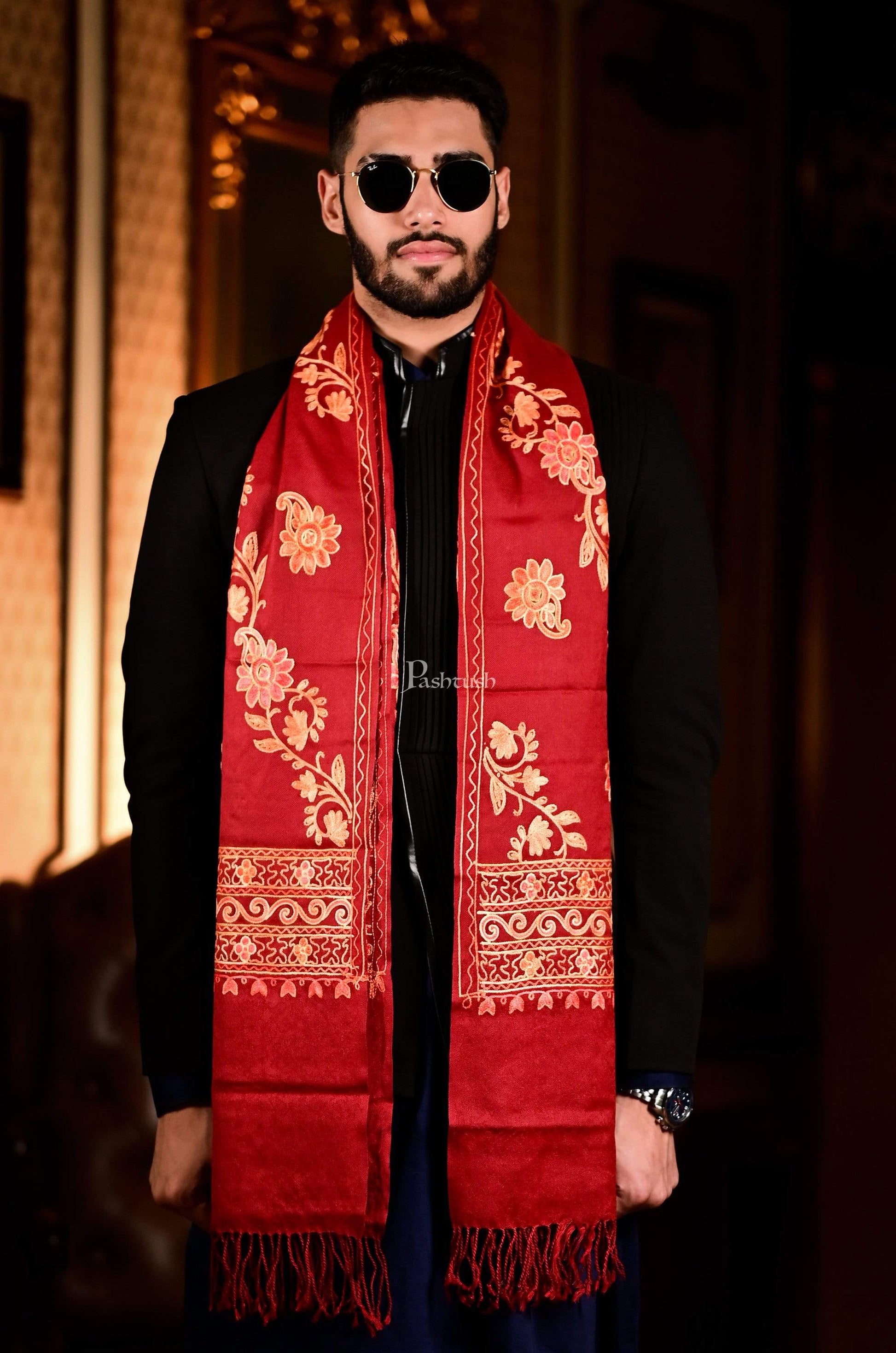 Pashtush India 100x200 Pashtush Kashmiri Aari Embroidery Stole, Fine Wool, Maroon