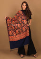 Pashtush India Stole Pashtush Kashmiri Aari Embroidery Stole, Fine Wool, Navy Blue