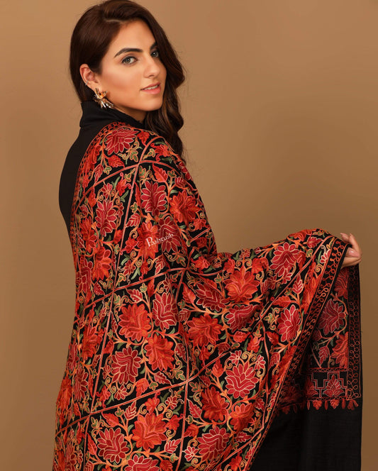 Pashtush India 70x200 Pashtush Kashmiri Aari Embroidery Stole, Fine Wool, Rich Black