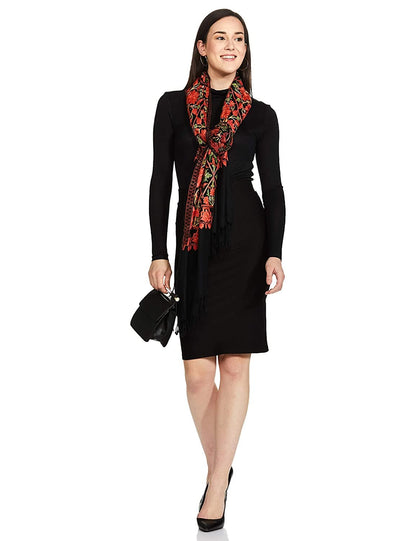 Pashtush India 70x200 Pashtush Kashmiri Aari Embroidery Stole, Fine Wool, Rich Black