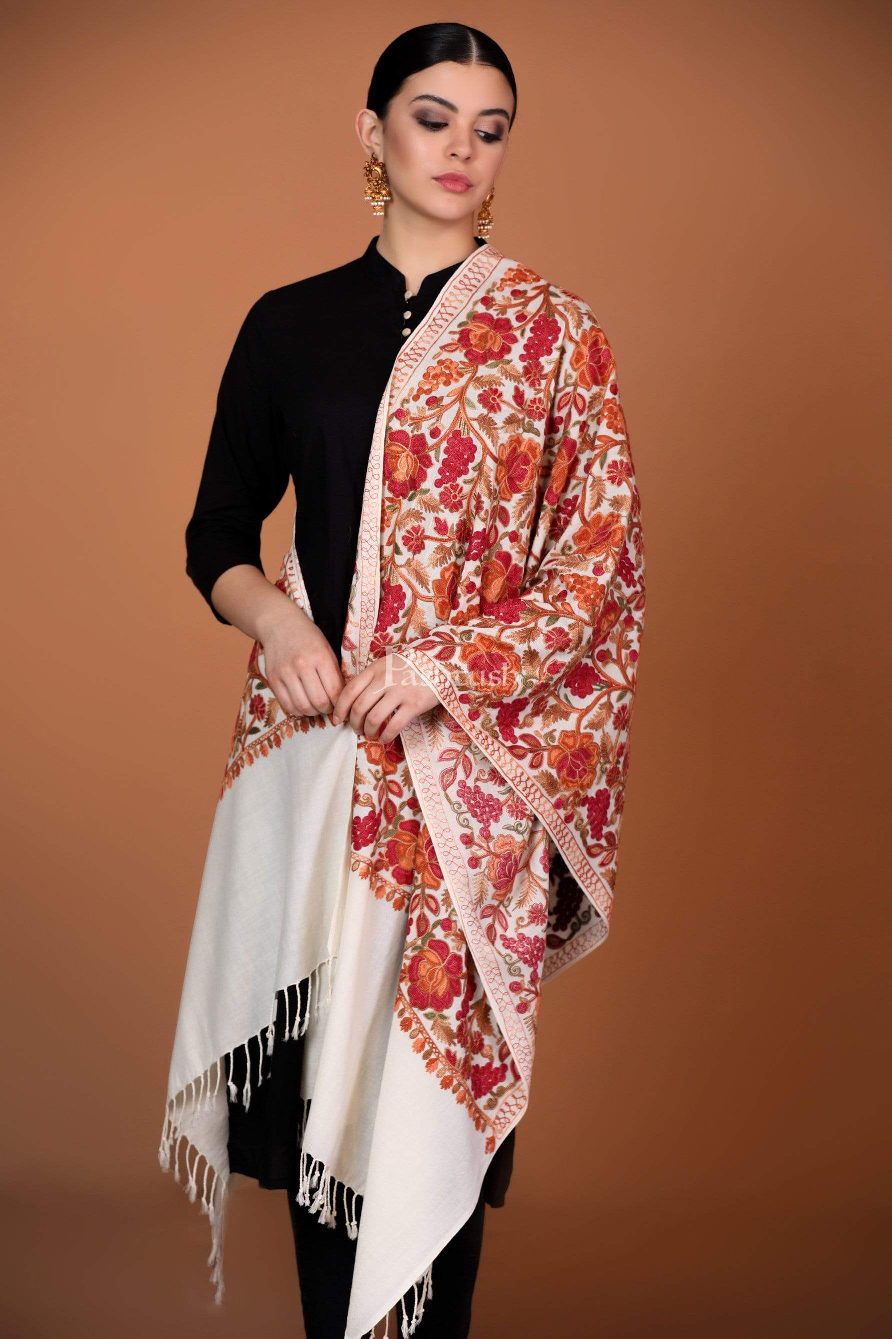 Pashtush India 70x200 Pashtush Kashmiri Aari Embroidery Stole, Fine Wool, White