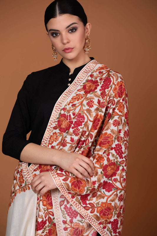 Pashtush India 70x200 Pashtush Kashmiri Aari Embroidery Stole, Fine Wool, White