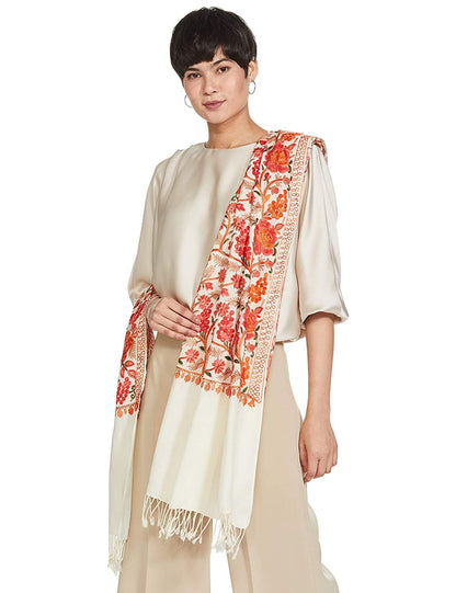 Pashtush India 70x200 Pashtush Kashmiri Aari Embroidery Stole, Fine Wool, White
