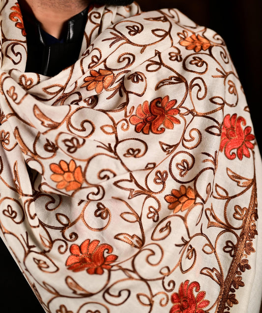 Pashtush India 70x200 Pashtush Kashmiri Aari Embroidery Stole, Fine Wool, White