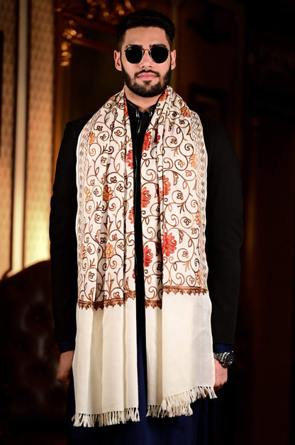 Pashtush India 70x200 Pashtush Kashmiri Aari Embroidery Stole, Fine Wool, White