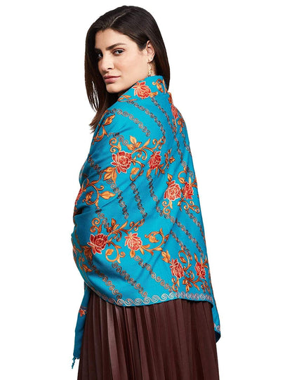 Pashtush India 70x200 Pashtush Kashmiri Aari Embroidery, Woollen Stole, Blue
