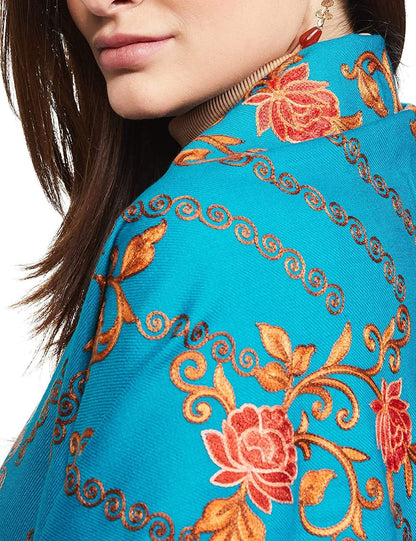 Pashtush India 70x200 Pashtush Kashmiri Aari Embroidery, Woollen Stole, Blue