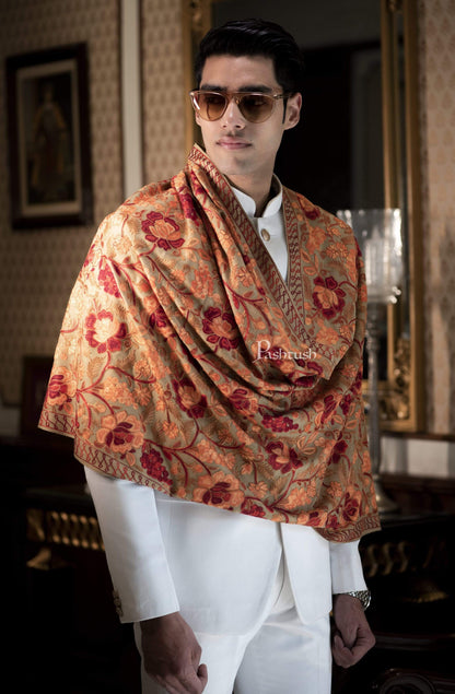 Pashtush India 70x200 Pashtush Kashmiri Mens Aari Embroidery Stole, Fine Wool, Beige