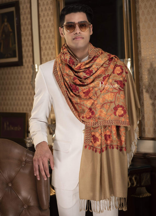 Pashtush India 70x200 Pashtush Kashmiri Mens Aari Embroidery Stole, Fine Wool, Beige