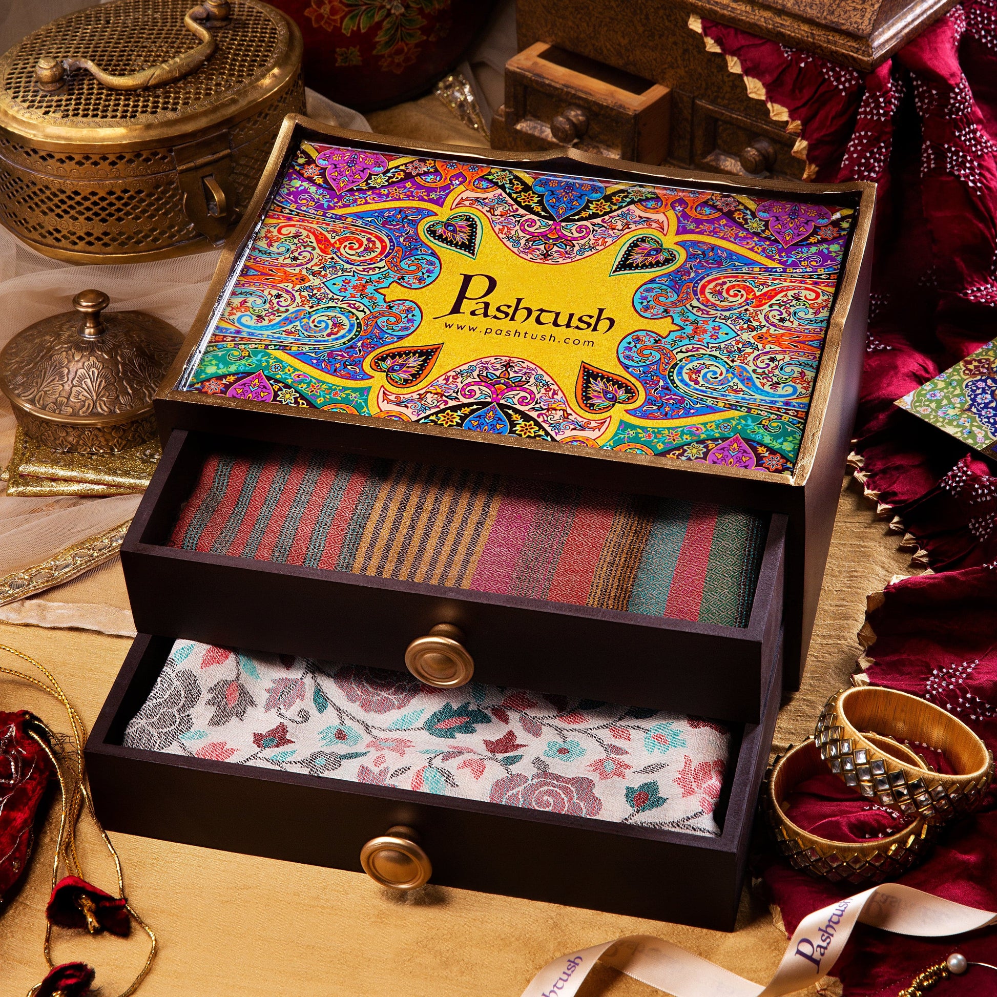 Pashtush India Box Pashtush Keepsake Wooden Double Chester Box, (Box Only)