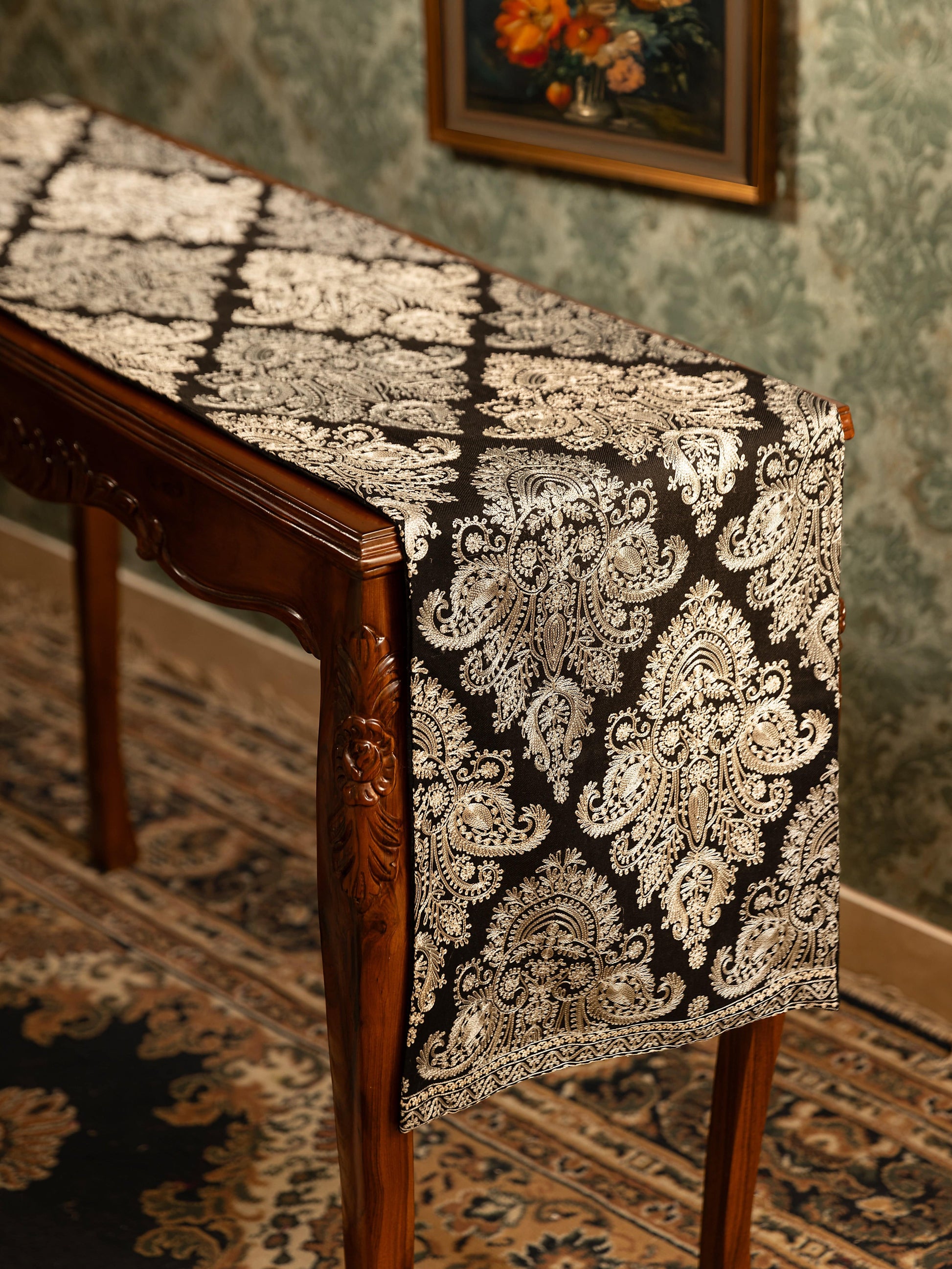 Pashtush India Gift Pack Pashtush Luxury Table Runner, Nalki Embroidery Collection, Black