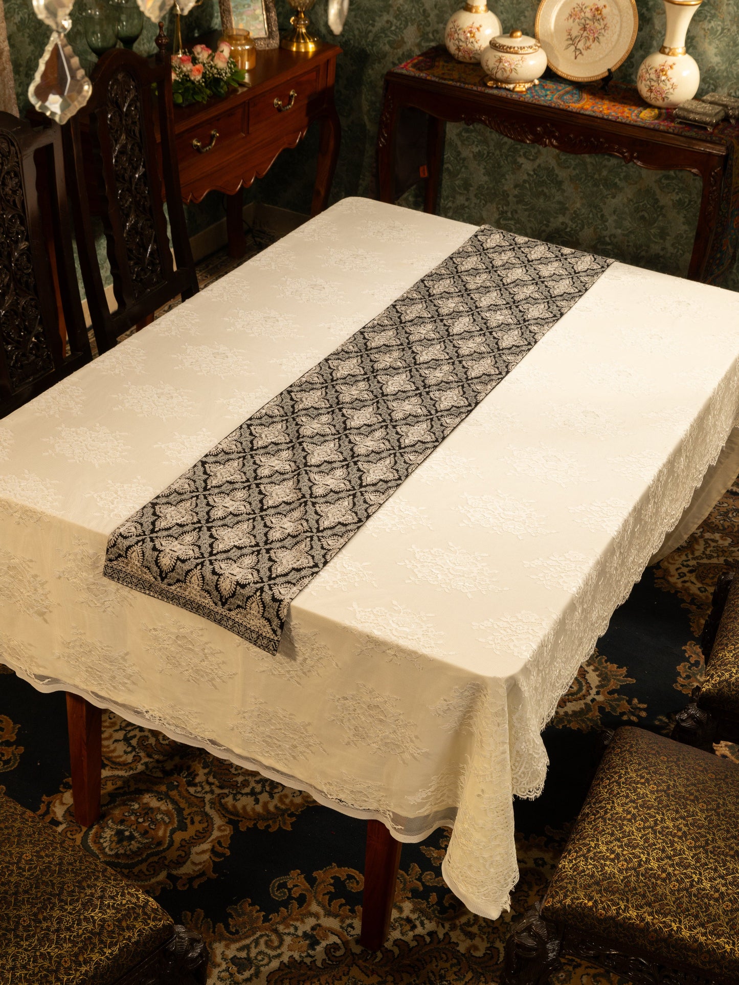 Pashtush India Gift Pack Pashtush Luxury Table Runner, Nalki Embroidery Collection, Black