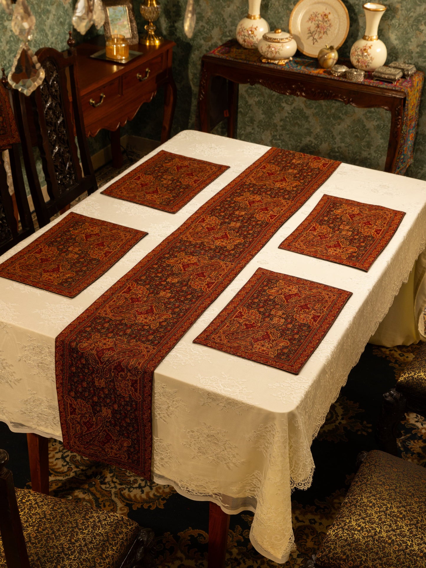 Pashtush India Gift Pack Pashtush Luxury Table Runner with Mats Set, Jamawar Collection, Espresso Brown